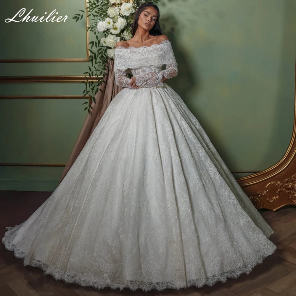 Lhuilier Customized Ball Gown Lace Wedding Dresses Off the Shoulder Long Sleeves Bridal Dress with Court Train