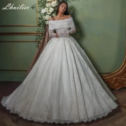 Lhuilier Customized Ball Gown Lace Wedding Dresses Off the Shoulder Long Sleeves Bridal Dress with Court Train