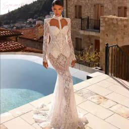 Customized Lace Full Sleeve Boho Bridal Ball Gowns Applique Mermaid Wedding Dresses Sexy Hollow Out Vestidos De Novia