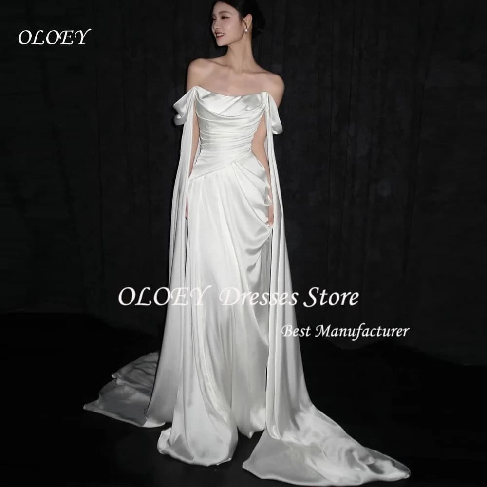 OLOEY Simple A-Line Silk Satin Off Shoulder Korea Wedding Dresses Elegant Long Bridal Gowns Customized 웨딩드레스 Photo Shoot