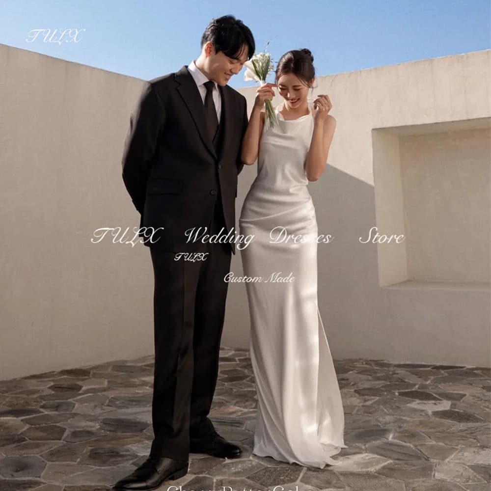 TULX Elegant Ivory Satin Backless Wedding Dress Korea Photo Shoot Halter Sleeveless Mermaid Long Bridal Gowns Customized 웨딩드레스