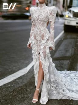 Fashionable Lace Puff Sleeves Wedding Dress Romantic High Neck Customized Bridal Gown Charming Side Slit Sexy Women Cut Out