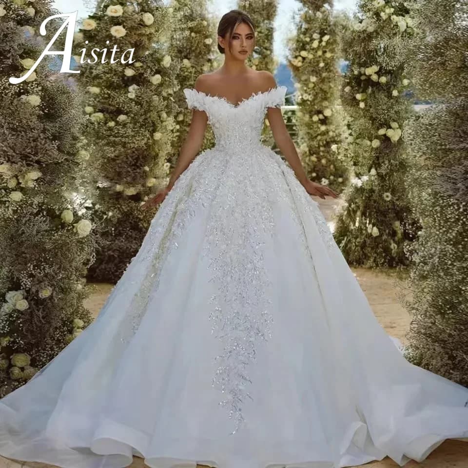 Customized Ball Gown Princess Wedding Dresses Sweetheart Off the Shoulder Vestido De Novia Backless Sequined Robe De Mariee