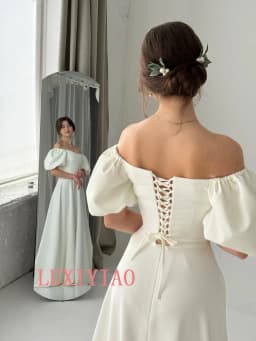 Customized Dignified Dress With Sleeves Fairy Tale Like Dress One Line Wedding Dress White Ivory Colored Dress Wedding Dress