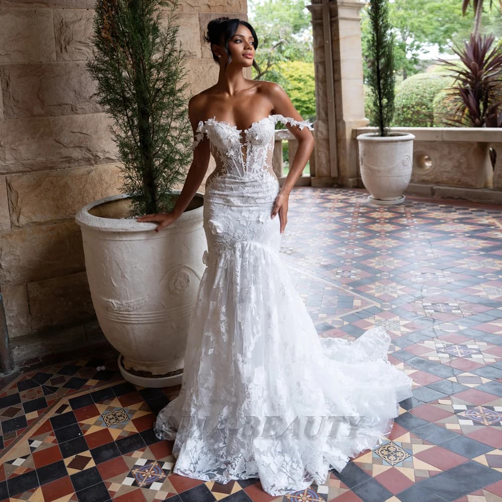 Anna Classic Trumpet Wedding Dresses Off the Shoulder Lace Appliques Sweetheart Zipper with Button Vestidos Customised