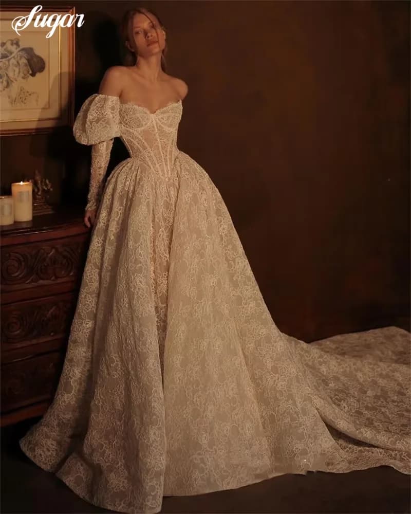 Lace Wedding Dresses 2024 A-Line Off the Shoulder Long Sleeves Backless Bridal Gown Chapel Train Customized Vestidos De Novias