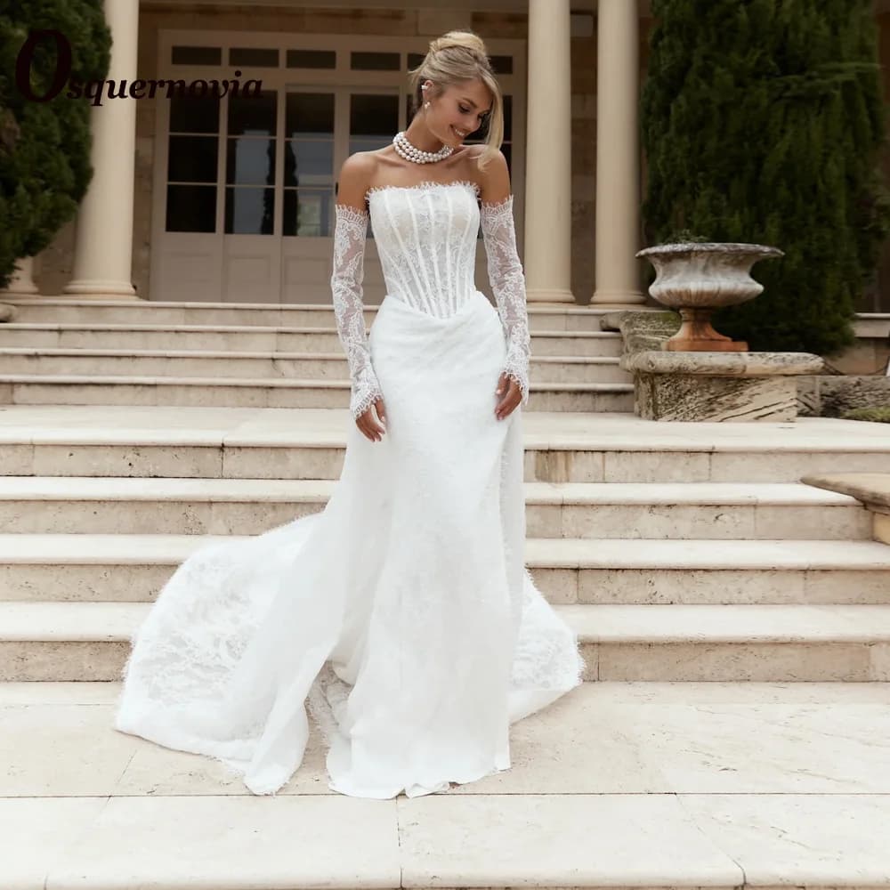 Osquernovia Fairytale Lace Wedding Dresses for Women Mermaid Strapless Detachable Train Bridal Dress Vestido De Novia Customised
