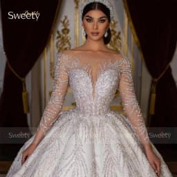 Glitter Fully Beaded Wedding Dress With Organza Ball Gown Full Sleeve O-Neck Bride Dress Lace Up Vestido De Novia Customized