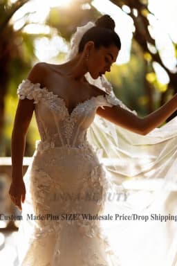 Anna Charming Sweetheart Wedding Dress Bridal Off the Shoulder Lace Appliques Zipper Brush Train Vestido Femenino Customised