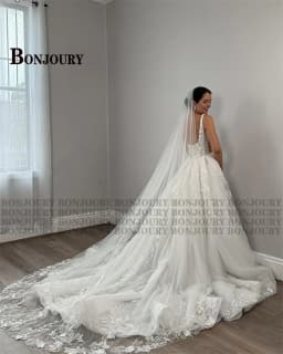 BONJOURY Vinatge Wedding Dresses for Women Spaghetti Straps Zipper High Slit A-line Royal Train Vestidos Novias Boda Customized