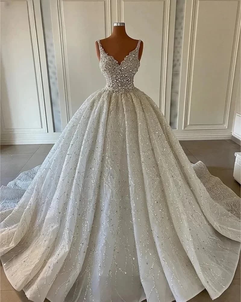 Glitter Sparkle Beaded Lace Wedding Dresses Ball Gown Luxury 2026 for Bride V-Neck Bridal Gowns Robe De Mariée Customized