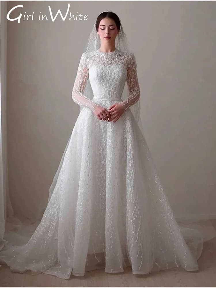 Wedding Dress Bead O-Neck 2026 Embroidery A-Line Ballgown Long Sleeves Lace Applique Customized Bride Dress Vestido De Novia