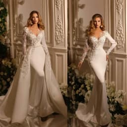 Customized Sexy Mermaid Wedding Dresses Lace Appliques Full Sleeves Sweetheart Detachable Train Bridal Gowns Vestidos De Novia