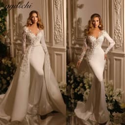Customized Sexy Mermaid Wedding Dresses Lace Appliques Full Sleeves Sweetheart Detachable Train Bridal Gowns Vestidos De Novia