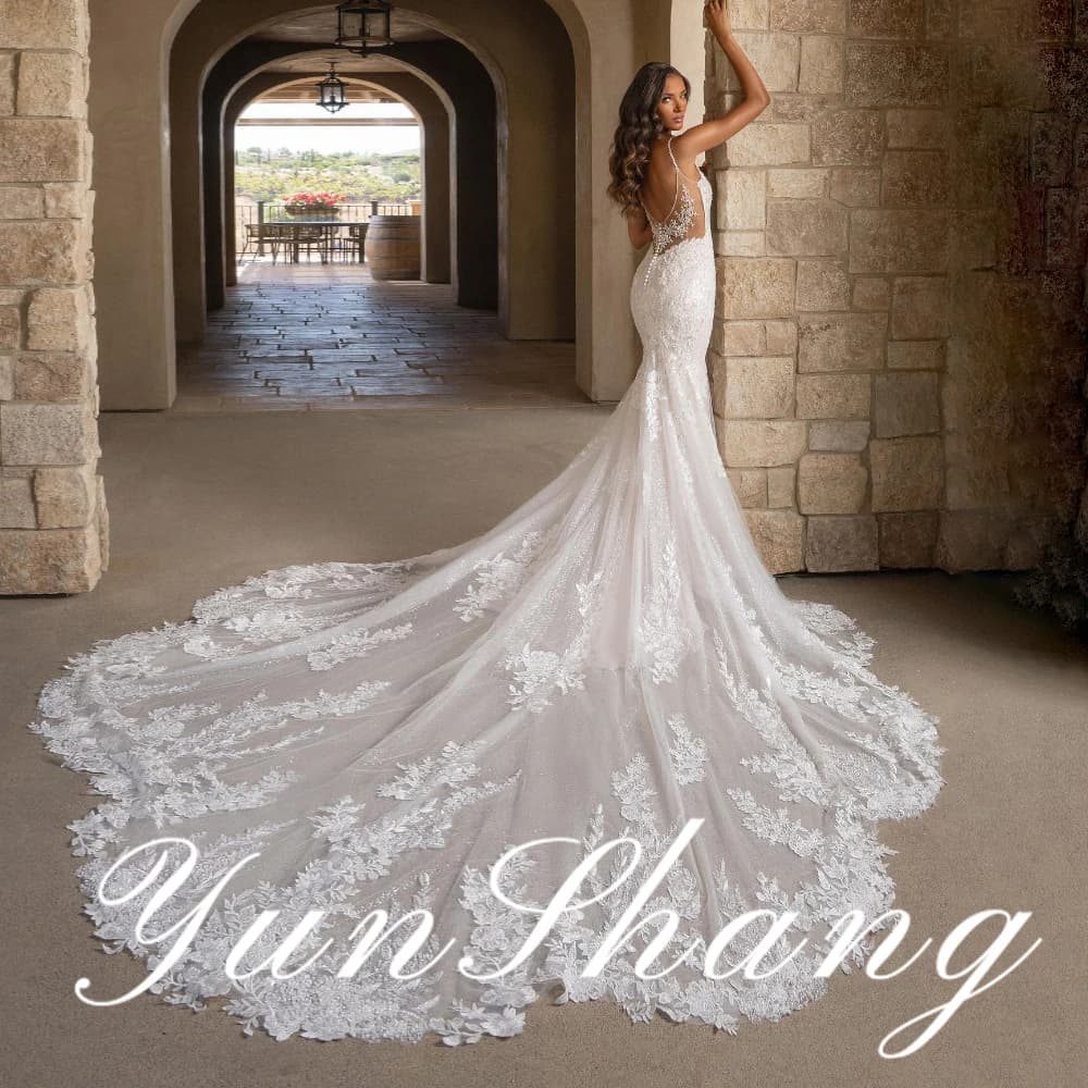 YunShang Customized Spaghetti Strap Mermaid Wedding Dress with Lace Embroidery and Illusion Back and Chapel Train for Graceful
