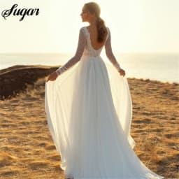 A Line Chiffon Wedding Dress Long Sleeves Sexy V Neck lace Bride Dress Boho Wedding Gown PluS Size Simple Wedding Dress