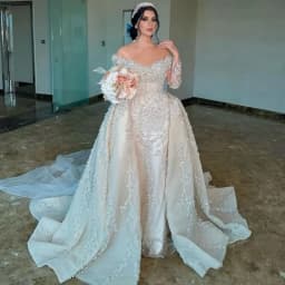 Customized Off The Shoulder Heavy Appliques Pearls Trumpet Bridal Dress With Detachable Train Illusion Full Sleeves Bridal Gown