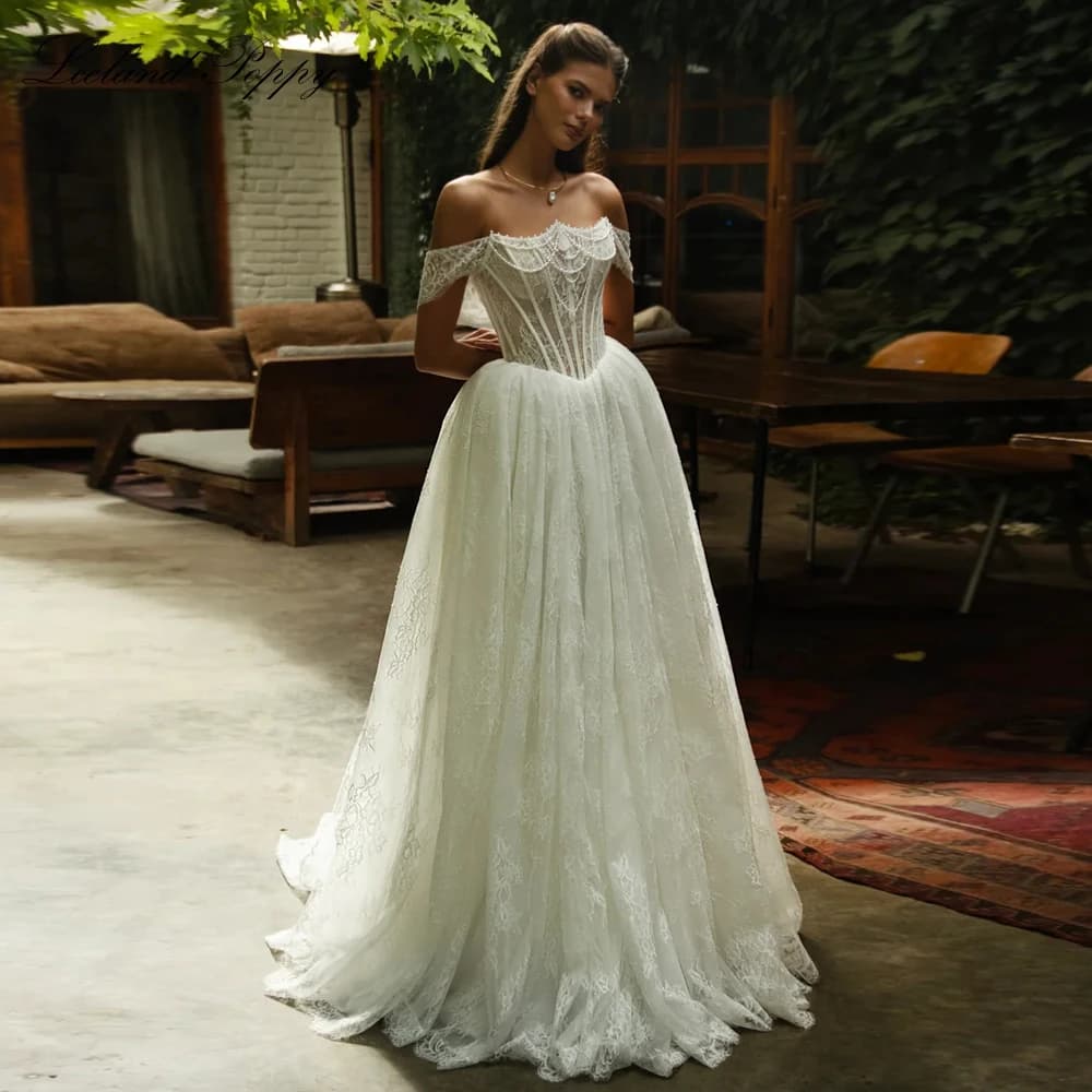 Lceland Poppy Customized A Line Boat Neck Lace Wedding Dresses Floor Length Illusion Beaded Bridal Gowns with Court Train