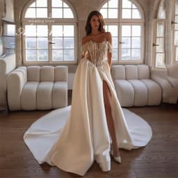 Off Shoulder Lace Corset Satin Wedding Dress High Side Slit Cathedral Train Backless Ivory Bridal Gown Custom Vestido De Novia