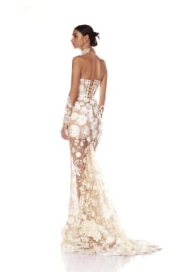 Kyoto Customized Off-White Trumpet Lace Flower Wedding Dress Strapless Short Sleeves vestidos de noche Tie Back Formal Evening