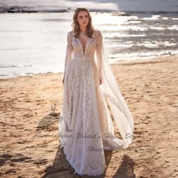 Lakshmigown Vintag Boho Beach Wedding Dresses Detachable Lace Cape 2025 Vestidos Sexy Champagne Bridal Gowns Deep Customized
