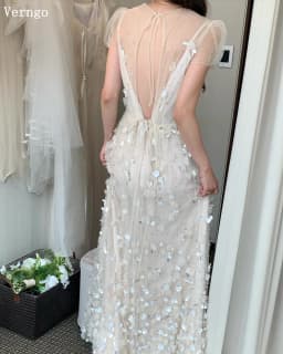 Verngo Appliques A Line Wedding Dress O Neck Puff Short Sleeves Zipper Back Long Prom Bridal Dresses Elegant Korea Bride Gowns