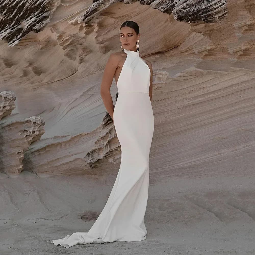Customized Simple Mermaid Halter Boho Wedding Bride Gown Sexy Backless Soft Bridal Dress Robe Exquisite Modern Style Retro High