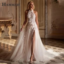 HAMMAH Glamorous Backless Wedding Gown Halter Lace Appliques Sleeveless Trumpet Slit Chapel Train Robe De Mariee Customized