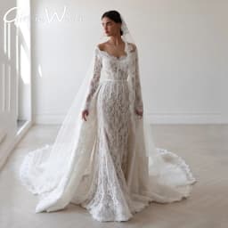 V-Neck Mermaid Wedding Dresses Off The Shoulder Long Sleeves Lace Applique Bridal Dress Formal Wedding Ball Prom Gown Customized