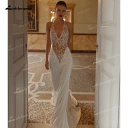 Luxurious Mermaid Wedding Dress Glossy Satin Bridal Gown Halter Deep V Backless Beaded Sheer Bodice Wedding Gowns Customized