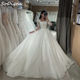 SoDigne A-line Glitter Tulle Wedding Dresses Square Collar Full Sleeves Bridal Dress Appliques Long Wedding Gown Customized