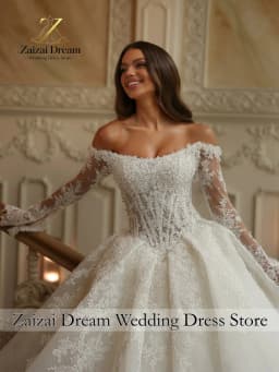 Customzied Luxury Off Shoulder Wedding Dress Long Sleeves Ball Gown Princess Bridal Gown with Cathedral Train Vestido De Novia