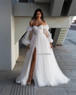 Customized Mordern Sweetheart Neck A-Line Wedding Dresses Off the Shoulder Puff Sleeves Lace Appliques Bridal Gowns Vestidos De