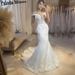 Paloda Glamorous Appliques Trumpet Wedding Dresses For Bride Court Train Off The Shoulder Tulle Short Sleeves Backless V-Neck
