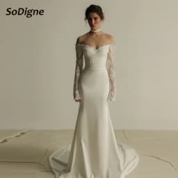  SoDigne Mermaid Satin Wedding Dresses Off Shoulder Lace Sleeves Bridal Dress Long Bride Gown Vestidos De Novia Customized