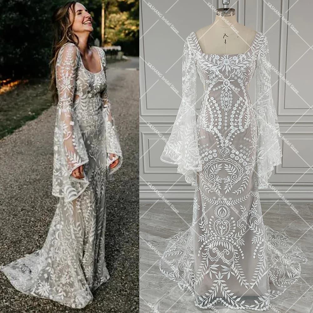Boho Long Batwing Sleeves Lace Wedding Dress Drop Ship Customized Mermaid Rustic Beach 2026 Square Neck Open Back Bridal Gowns