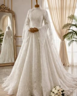 Flavinke Customized Muslim Lace High Neck Wedding Dresses Flared Long Sleeve Lace Appliques A-line Bridal Gowns Vestido De Novia