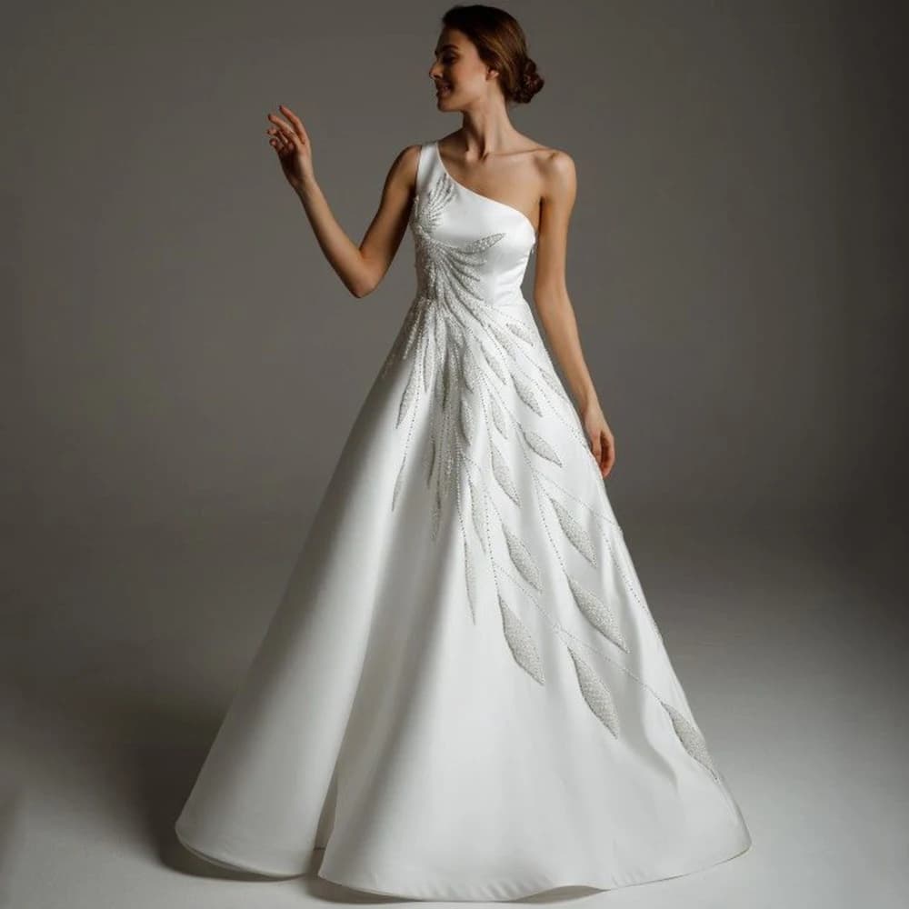 Luxury Beading Wedding Dress One Shoulder Sleeveless A-Line Floor Length Bridal Satin Marriage vestidos Custom Made Gowns