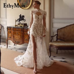 Ethymon Fashionable High Neck Wedding Gown for Bride Slit Lace Appliques Long Sleeves Mermaid Tank Robe De Mariee Customized