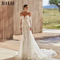 JEHETH Elegant Lace Appliques Mermaid Wedding Dresses Tulle Detachable Long Sleeves V-Neck Wedding Party Gown Customized
