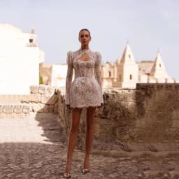 Modern Lace Appliques Ivory Mini Wedding Dresses Exquisite High Neck Long Sleeves Sexy Cut-out Open Back Pleat Equine Bride Gown