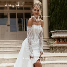 Customized Luxury Elegant Lace Appliques Mermaid Wedding Dresses White Sexy Strapless Backless Sleeveless High Slit Bridal Gowns