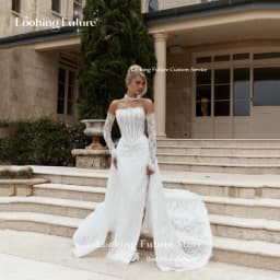 Customized Luxury Elegant Lace Appliques Mermaid Wedding Dresses White Sexy Strapless Backless Sleeveless High Slit Bridal Gowns