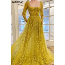 Elegant Square Neck Pearls Open Back Full Sleeves Evening Dress 2026 A-Line Floor Length Tulle Custom Made Party Prom Dress