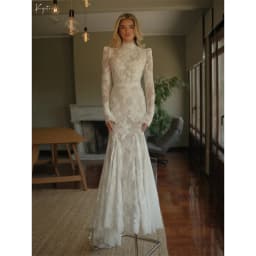 Kyoto Customized Off-white Lace Flower Boho Wedding Dress High Neck Long Sleeves vestidos de noche Modest Chapel Train Formal