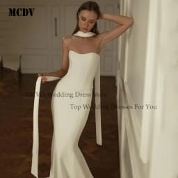 MCDV Satin Wedding Dress Shwal Sleeveless Strapless Mermaid Bride Gowns Sweep Train Bridal Gown Vestidos Noivas Casamento Civil