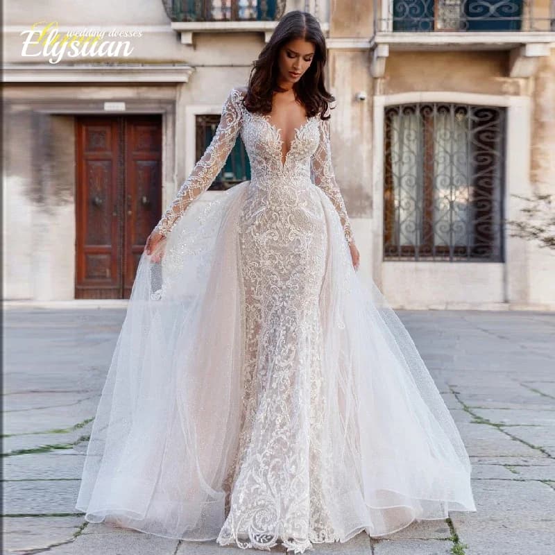 Customized Bride Dress Mermaid Detachable 2 In 1 Wedding Dress Lace O-Neck Fullsleeve Vestido De Novia