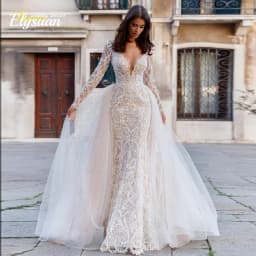 Customized Bride Dress Mermaid Detachable 2 In 1 Wedding Dress Lace O-Neck Fullsleeve Vestido De Novia