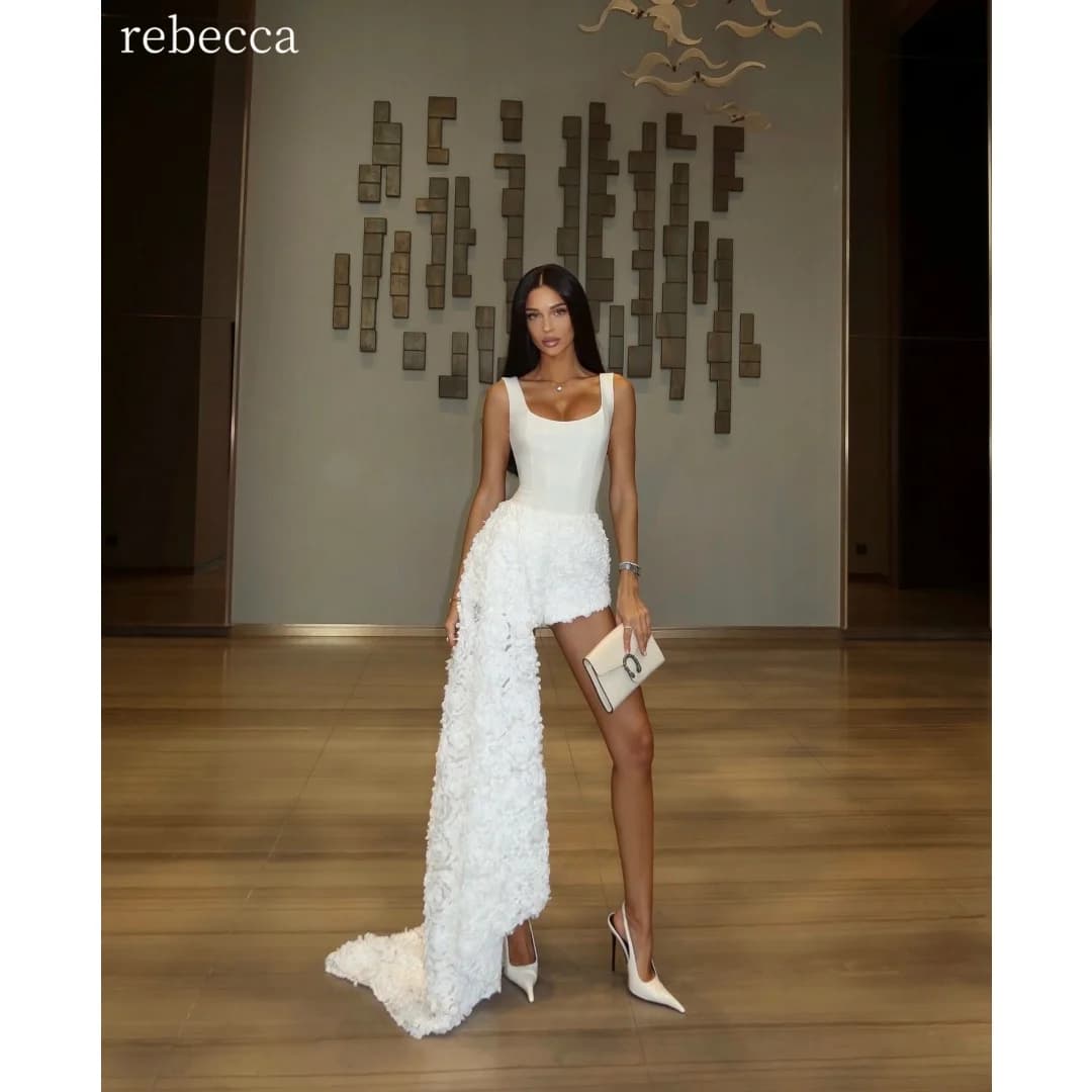 Rebecca Customized Asymmetrical High-low Prom Dress Square Collar vestidos de noche Satin base Floral Applique fabric Formal