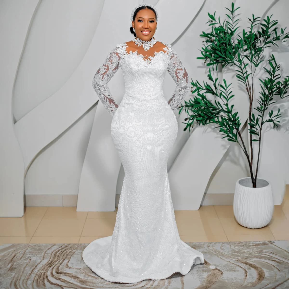 Mermaid Wedding Dresses Long Sleeve High Neck Bride Dress Lace Beading African Bridal Gown vestido de novia Customized
